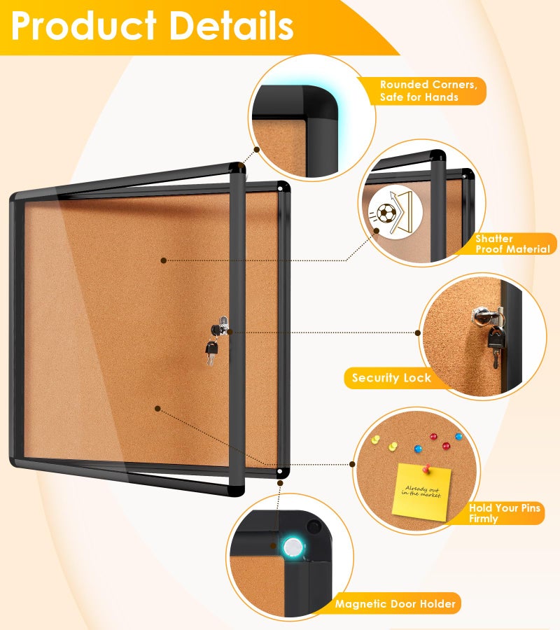 S SWANCROWN SWANCROWN Lockable Noticeboard Wall-Mounted Bulletin Cork Boards Tamper Proof Information Board Indoor,Black Frame,28x26 inch (6xA4) - Image 3